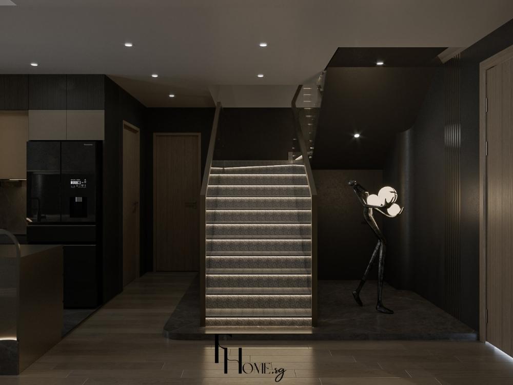 Cầu thang vách kính kết hợp tay vịn gỗ tối màu tạo vẻ sang trọng và hiện đại cho không gian
