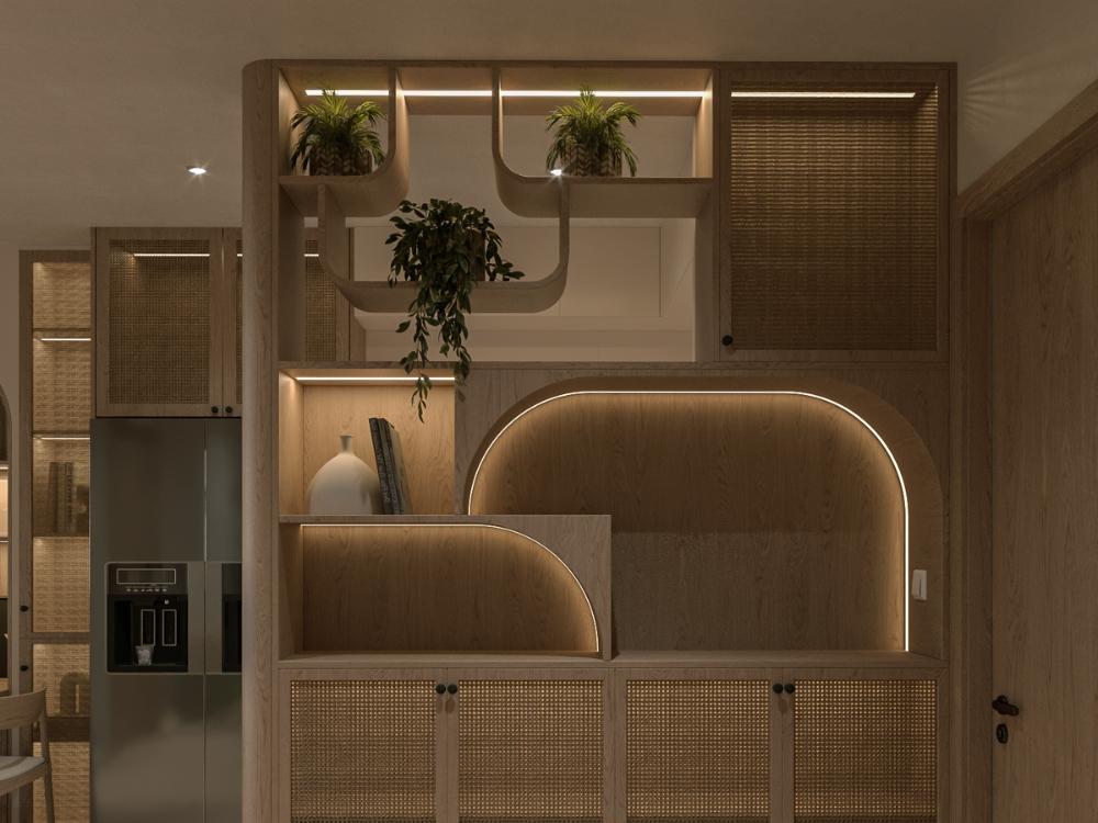 Cây xanh trên tủ decor phong cách Nhật Bản được sắp đặt tinh tế với chậu cây nhỏ