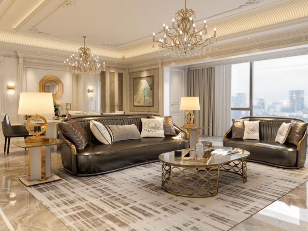 Chi tiết chạm khắc tinh xảo trên tủ và bàn trà, thể hiện kỹ thuật thi công cao cấp