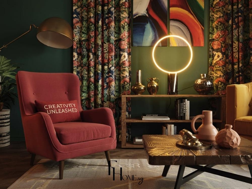 Chiếc ghế armchair phong cách Mix & Match trở thành điểm nhấn thú vị, kết hợp linh hoạt giữa màu sắc và chất liệu