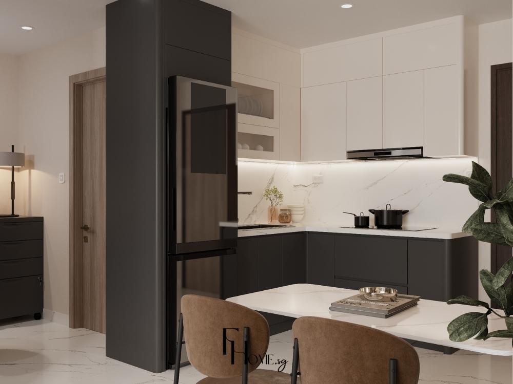 Chung cư 1 phòng ngủ 45m² với phòng bếp tông màu trắng