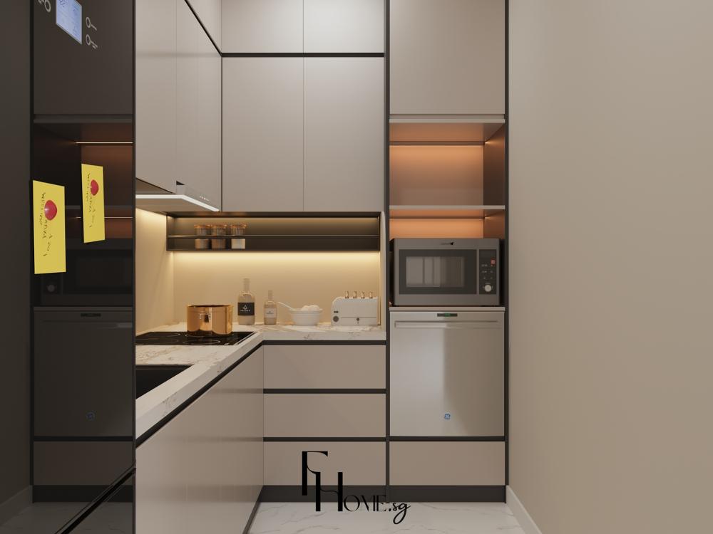 Phòng bếp thiết kế mở, sử dụng các giải pháp lưu trữ thông minh và tối ưu không gian.