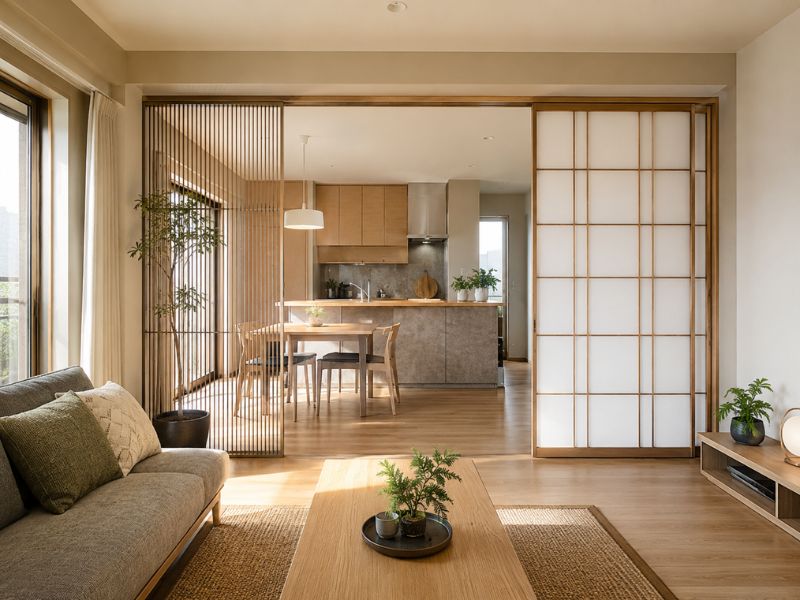 Cửa trượt Shoji kết hợp vách lam gỗ giúp phân chia không gian nhẹ nhàng và tiết kiệm diện tích