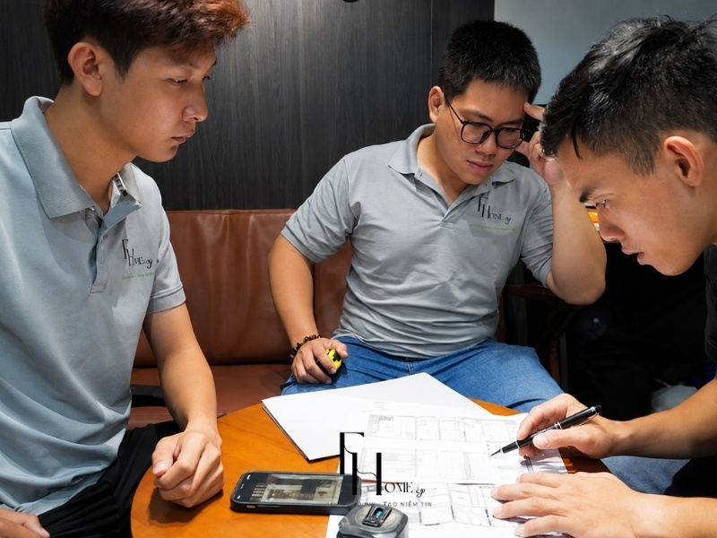 Đội ngũ kiến trúc sư FHome Sài Gòn thảo luận bản vẽ thiết kế nội thất nhà phố