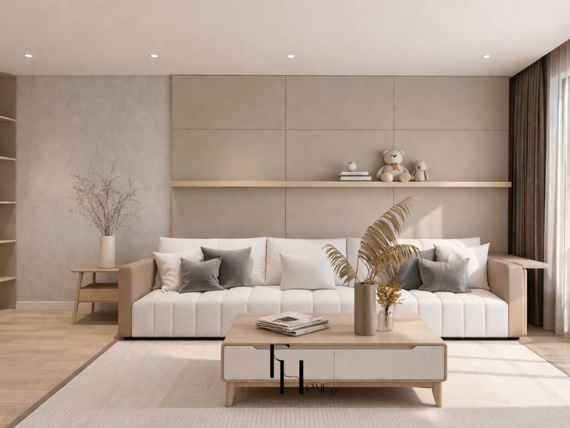 Giải pháp nội thất thông minh trong căn hộ 80m2 với kệ mở bo tròn, bàn trà có ngăn kéo và sofa khung gỗ tích hợp tay vịn lưu trữ