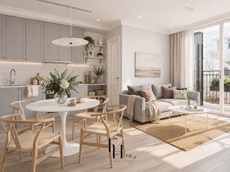 Giải pháp tối ưu ánh sáng và màu sắc trong căn hộ 80m2 với bảng màu trắng xám nhạt, cửa sổ lớn và bố cục mở bếp liên thông phòng khách