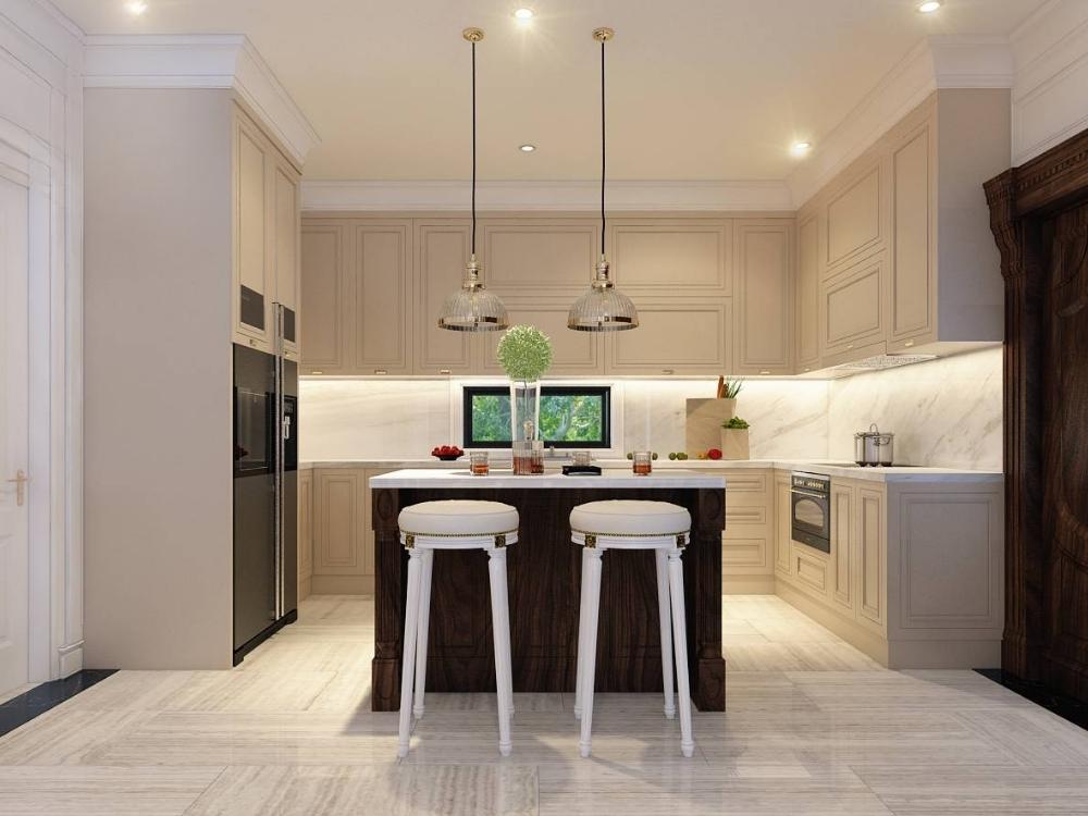 Gian bếp Tân cổ điển với đá hoa cương cao cấp, đường nét mềm mại và bố trí đối xứng