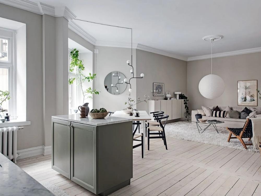 Gian bếp nhà phố 4x16m liên thông với phòng khách, sắp xếp khoa học sát tường giúp tối ưu diện tích