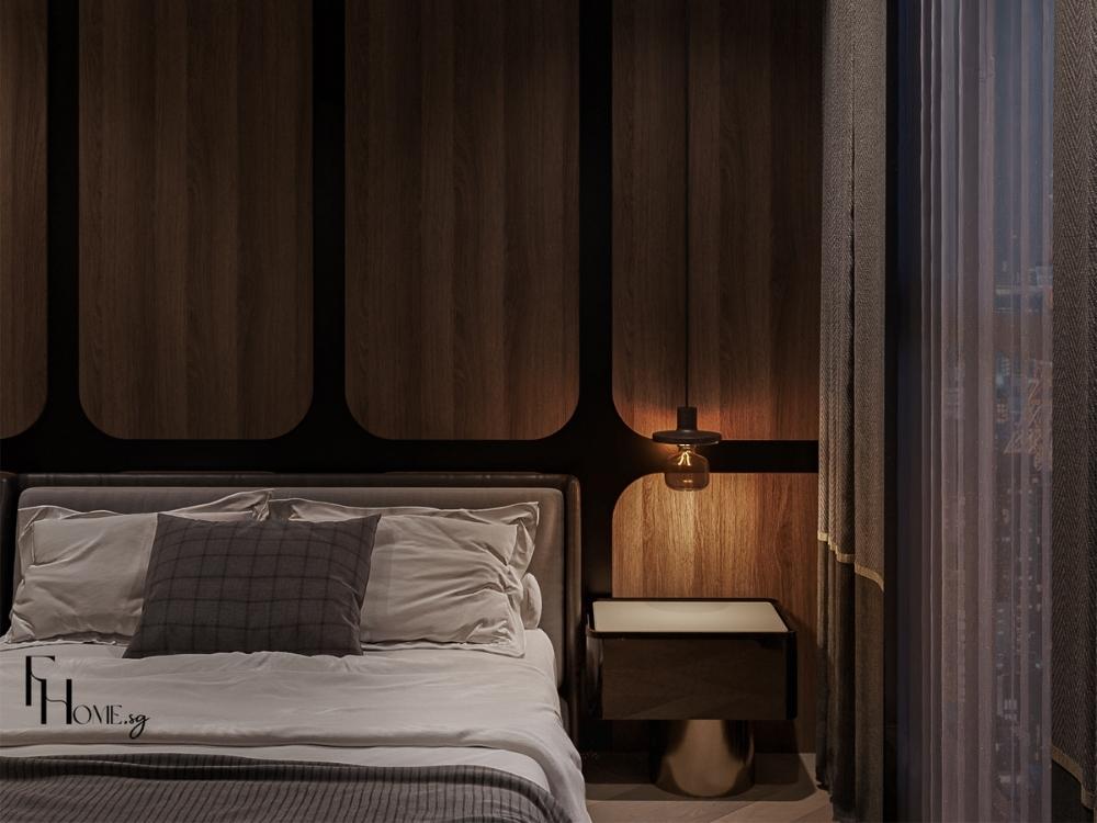 Giường phong cách Luxury trong phòng ngủ 14m² với đầu giường bọc da và tab hai bên