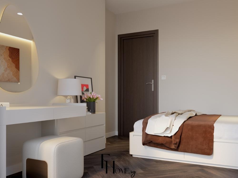 Giường, tủ và kệ có kích thước vừa phải kết hợp gam màu sáng và gương, tạo cảm giác rộng rãi cho phòng ngủ nhỏ