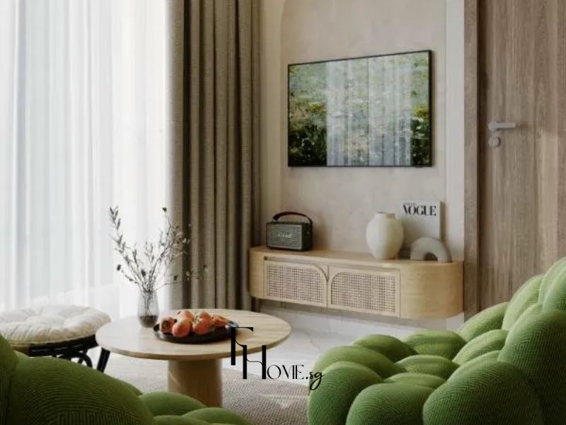 Góc TV phòng khách dự án thiết kế nội thất chung cư 65m2 Wabi Sabi mix Japandi tại Vinhomes Grand Park vòm cung kem và kệ TV gỗ