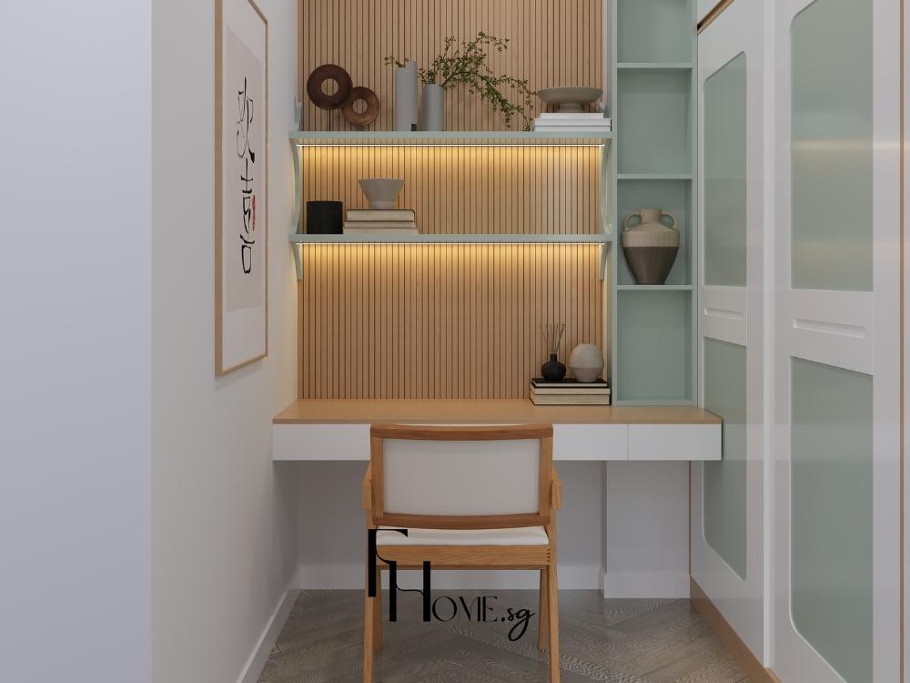 Góc bàn làm việc được tận dụng khéo léo từ khu vực trống trong nhà, mang lại không gian học tập và làm việc yên tĩnh