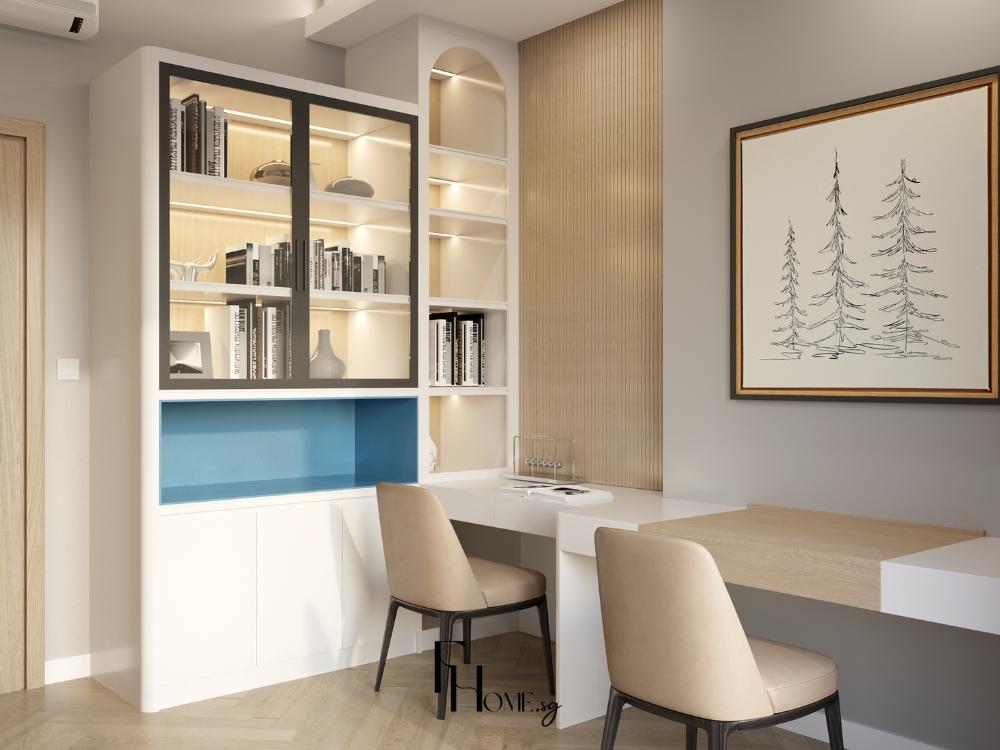 Góc bàn làm việc được thiết kế đồng bộ với phong cách chung của căn hộ