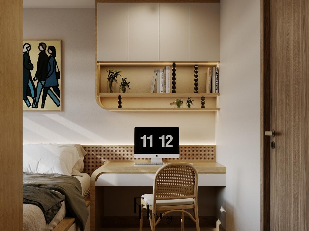 Góc bàn làm việc phong cách Nhật gọn gàng, kết hợp cây xanh mang lại cảm giác tập trung, thư thái