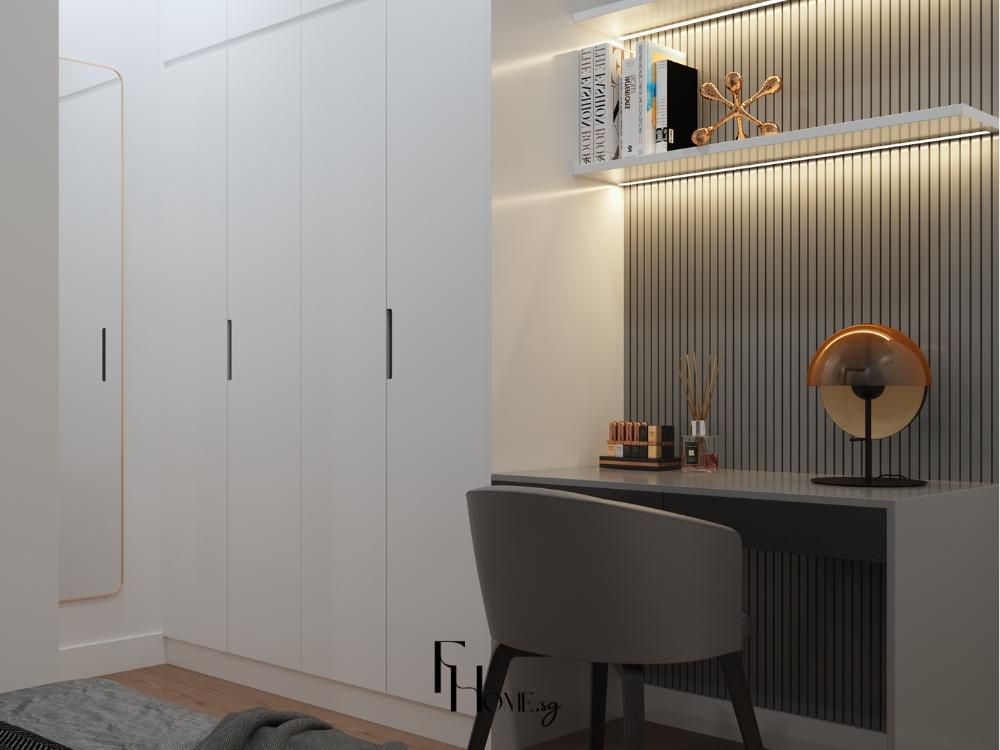 Góc bàn trang điểm nhỏ gọn bố trí cạnh cửa sổ, tận dụng ánh sáng tự nhiên và giữ sự hài hòa trong không gian phòng ngủ hiện đại