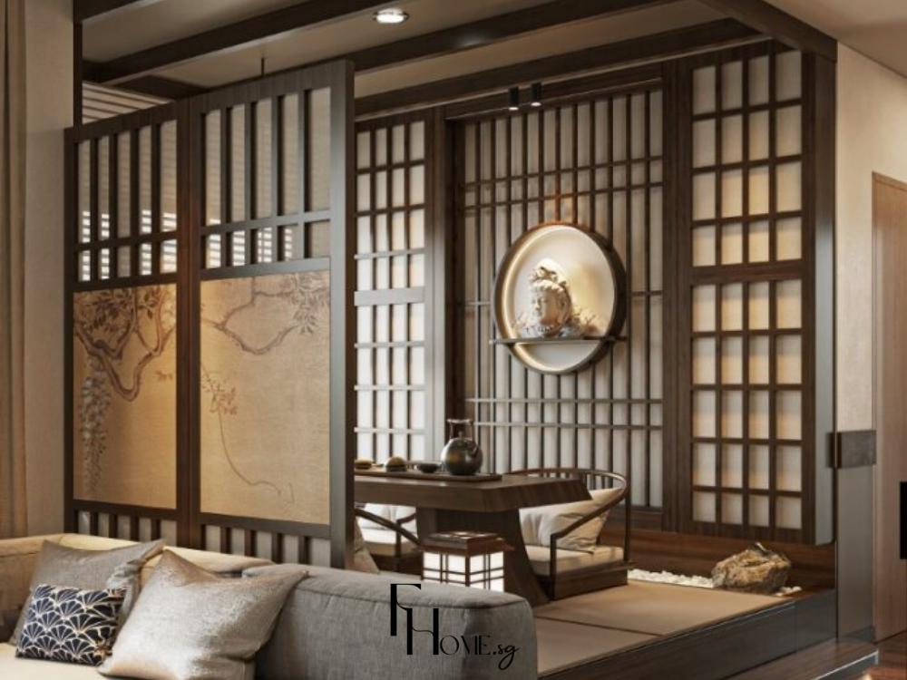 Góc chéo thể hiện sự hòa quyện giữa bàn trà, chiếu tatami và bức tường màu be nhạt