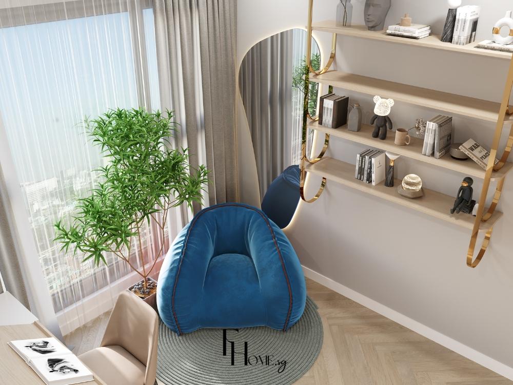 Góc đọc sách ấm cúng với kệ gỗ và đèn trang trí độc đáo, trở thành điểm nhấn nhẹ nhàng