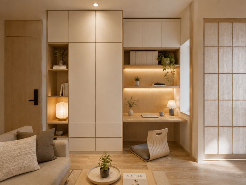 Góc làm việc nhỏ được đặt cạnh hệ tủ lớn, giúp căn hộ 40m2 có thêm công năng mà vẫn giữ được sự ngăn nắp