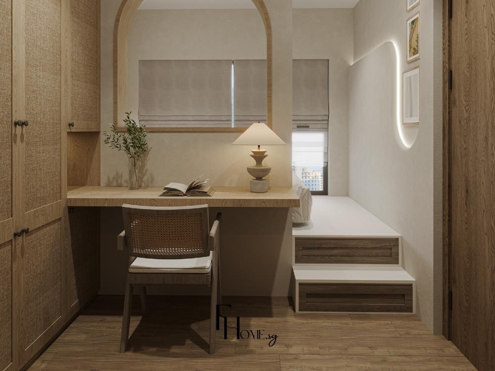 Góc làm việc nhỏ gọn được bố trí khoa học với bàn gắn tường và ghế công thái học, tối ưu diện tích sử dụng