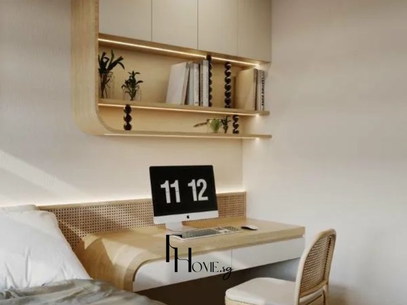 Góc làm việc trong phòng ngủ dự án thiết kế nội thất chung cư 65m2 Wabi Sabi mix Japandi tại Vinhomes Grand Park