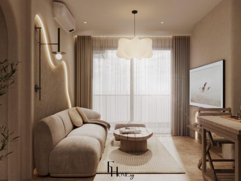 Góc ngang phòng khách căn hộ 3 phòng ngủ - Phong cách Wabi sabi