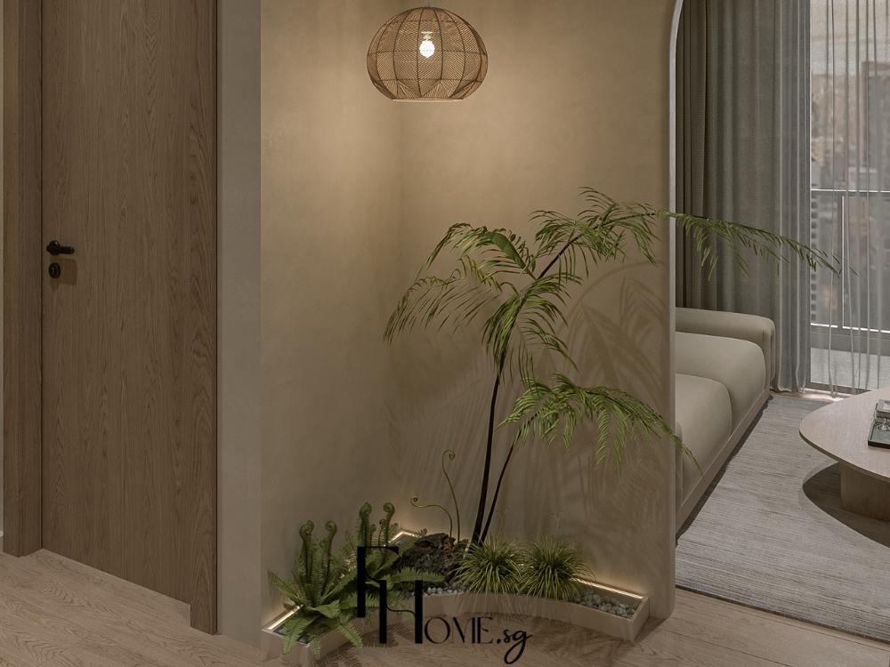 Góc nhà phong cách Nhật Bản được điểm xuyết bằng chậu cây nhỏ và vật liệu tự nhiên như gỗ, đá, giúp không gian trở nên gần gũi, tươi mát và thư giãn