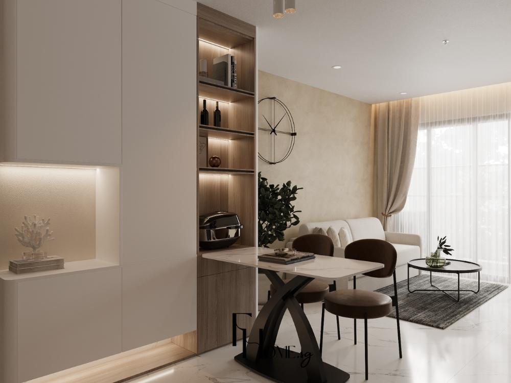 Góc nhìn khác của khu vực khách bếp thể hiện sự liền mạch trong bố cục, ánh sáng tinh tế và vật liệu bền vững