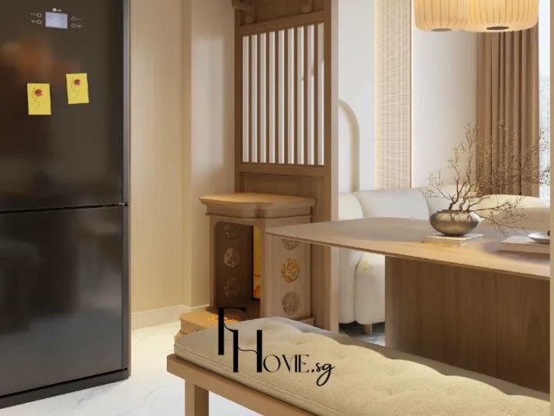 Góc nhìn khu vực tủ lạnh và vách ngăn gỗ chạm khắc phòng bếp phong cách Japandi đèn thả mây và bàn ăn gỗ tròn