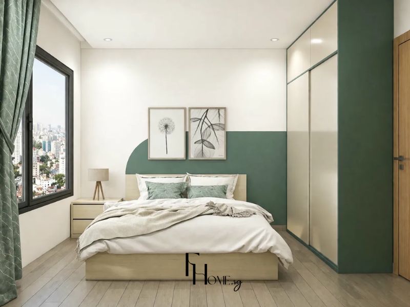 Góc nhìn tổng thể phòng ngủ thiết kế nội thất chung cư 65m2 phong cách Scandinavian mảng tường xanh lá bán nguyệt giường gỗ sáng và tủ kính mờ viền xanh