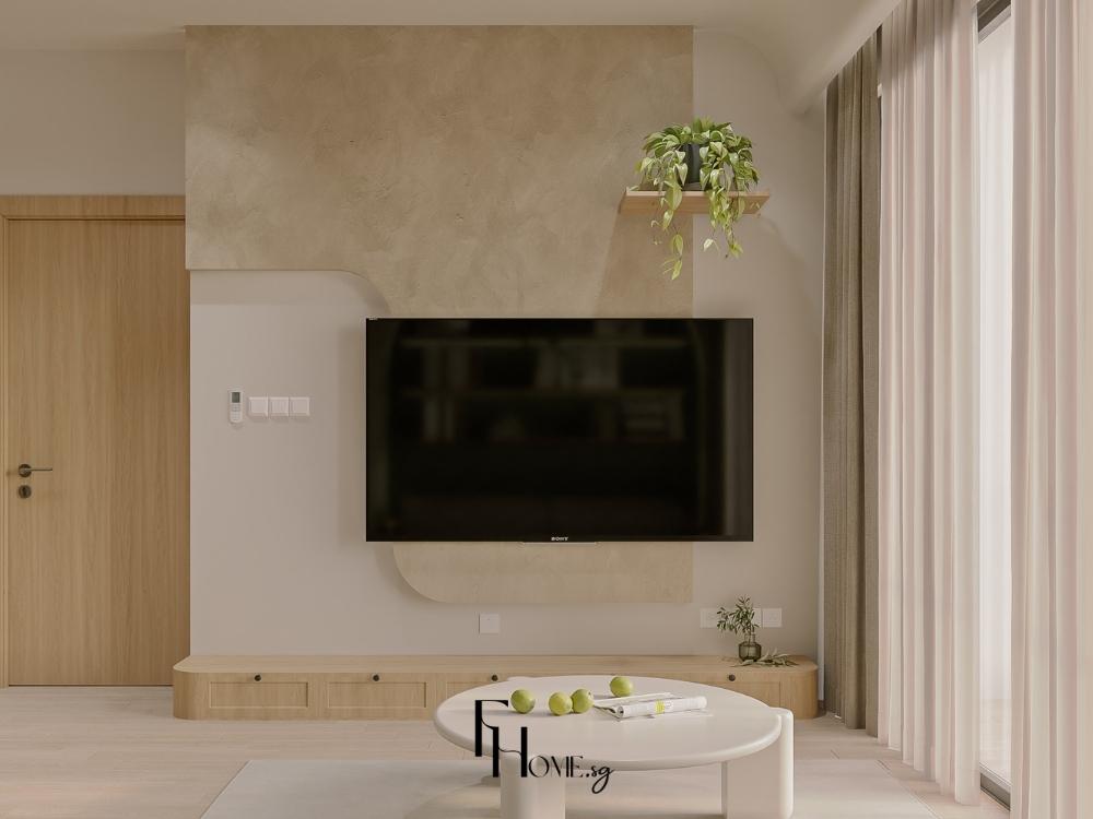 Góc phòng khách Nhật với kệ tivi tối giản, ánh sáng tự nhiên lan tỏa giúp không gian trở nên rộng mở và yên bình