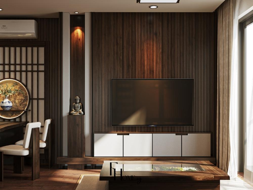 Góc phòng khách kiểu Nhật tinh giản với kệ tivi mảnh mai, bề mặt trơn nhẵn, tối ưu công năng mà vẫn giữ vẻ thanh lịch