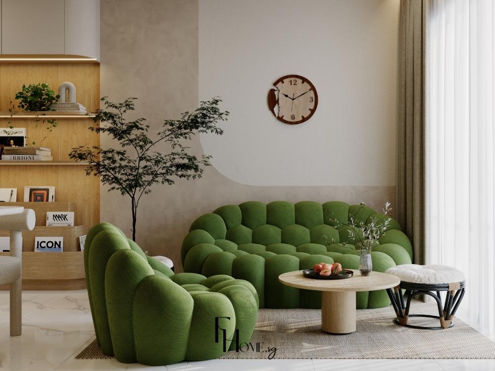 Góc phòng khách trang trí chậu cây nhỏ bằng gốm và mây tre, tạo cảm giác tự nhiên và nhẹ nhàng