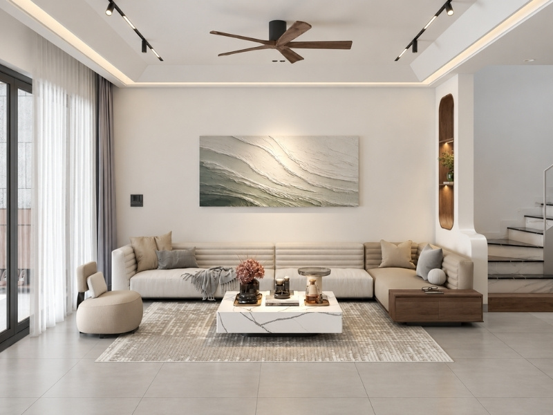 Góc sofa bệt phòng khách nhà phố nhỏ phong cách Japandi cạnh cửa kính lớn