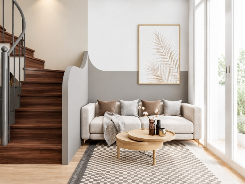Góc sofa phòng khách nhà phố 16m2 màu be êm ái cạnh cửa kính lớn