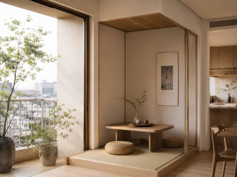 Góc trà đạo căn hộ 80m2 phong cách Nhật Bản với chiếu Tatami