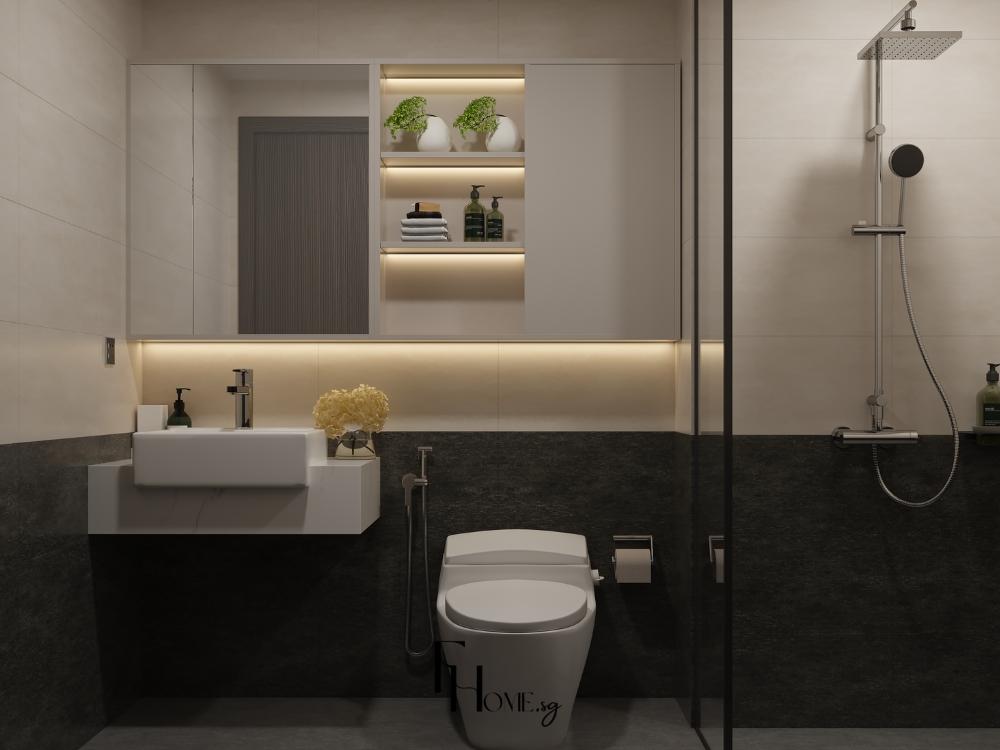 Gương không khung kết hợp ánh sáng âm trần mang lại cảm giác spa thư giãn và hiện đại