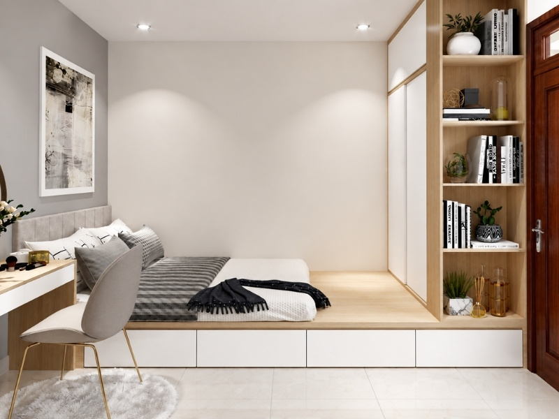Hệ giường bục đa năng tích hợp ngăn kéo gầm kết nối liền khối tủ quần áo kịch trần