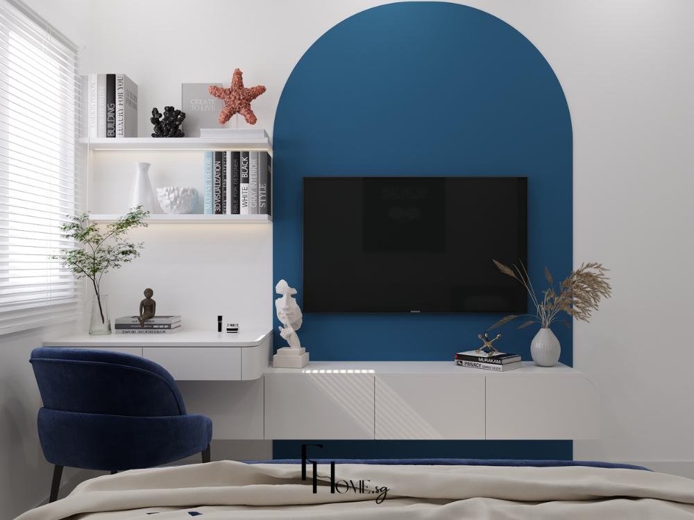 Hệ vách sau kệ tivi được bo cong nhẹ, kết hợp ánh sáng tự nhiên