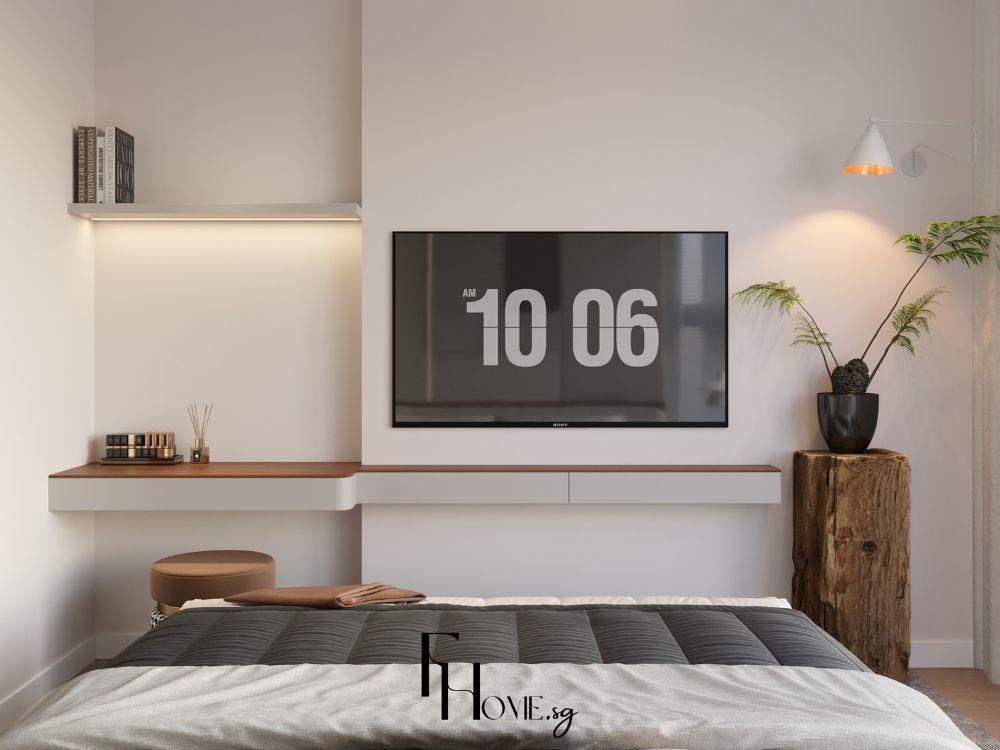 Kệ TV gỗ tự nhiên kết hợp ngăn chứa tiện lợi, mang lại vẻ ấm cúng và sang trọng cho phòng ngủ