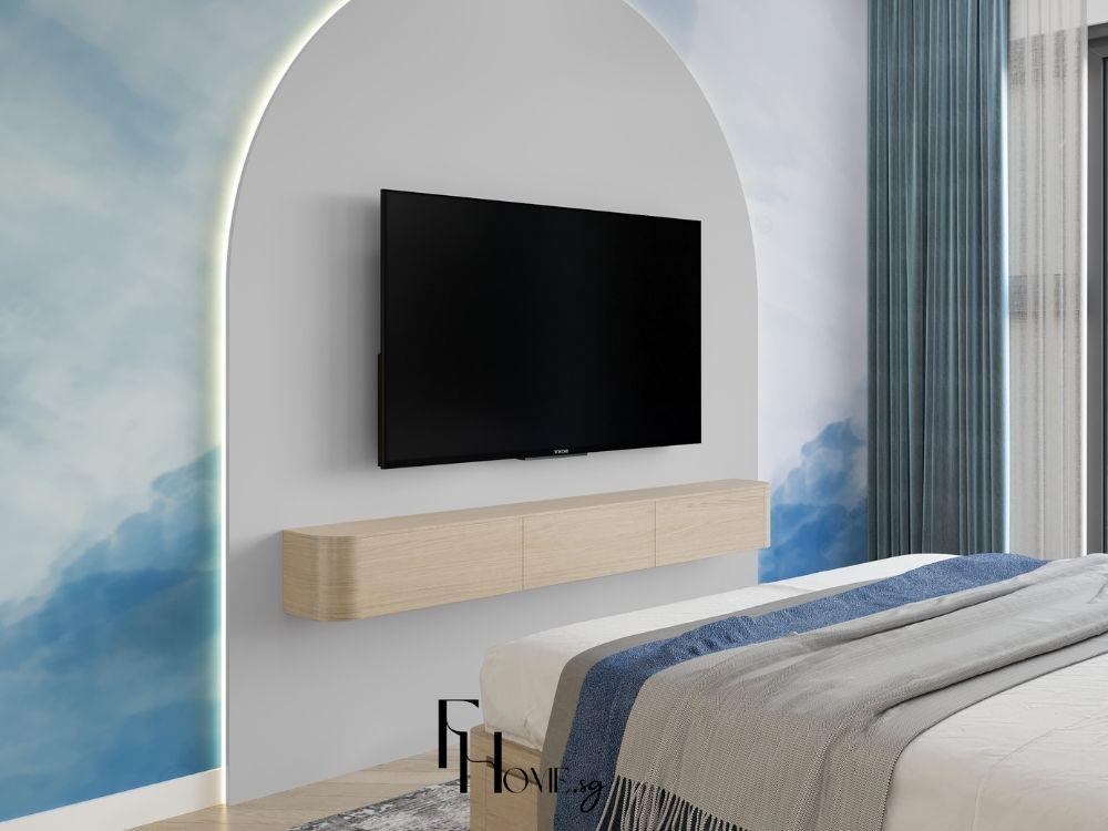 Kệ TV phòng ngủ hiện đại với thiết kế treo tường gọn gàng và đường nét tinh tế