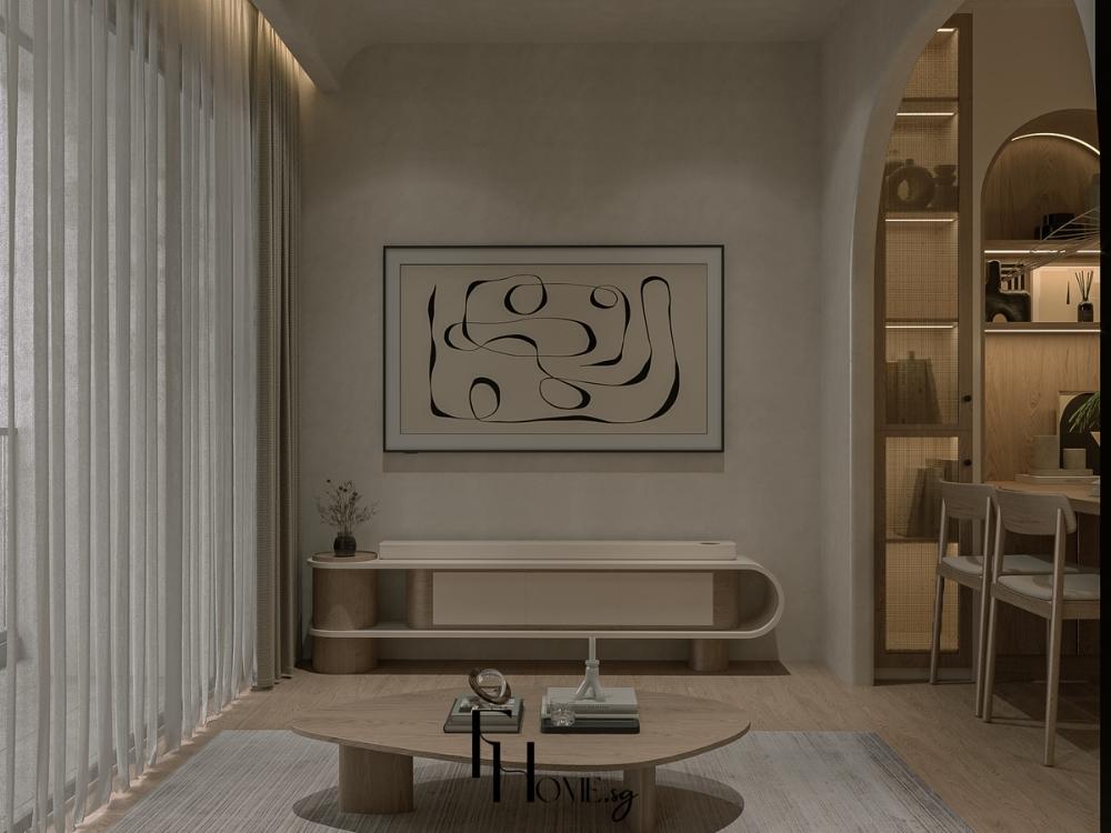 Kệ tivi được thiết kế với chất liệu gỗ tự nhiên màu nâu đất, đồng bộ với bảng màu tổng thể