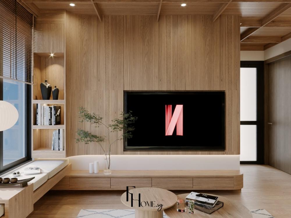 Kệ tivi gỗ sáng màu kết hợp tường trắng và chi tiết trang trí thủ công, thể hiện rõ tinh thần mộc mạc