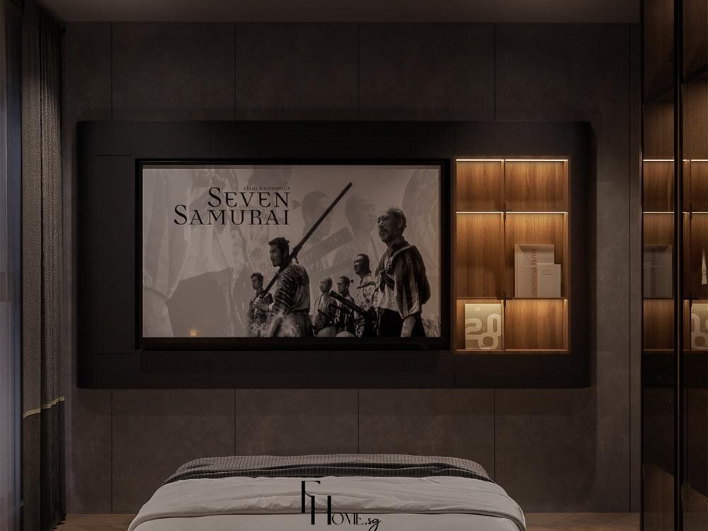 Kệ tivi hiện đại trong phòng ngủ 14m² tông nâu trầm, kết hợp với hệ thống ánh sáng thông minh