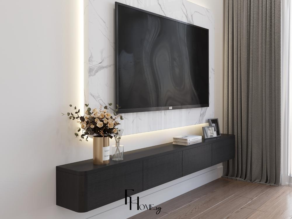 Kệ tivi màu đơn sắc trung tính, tạo sự liền mạch và không gian rộng rãi cho phòng khách