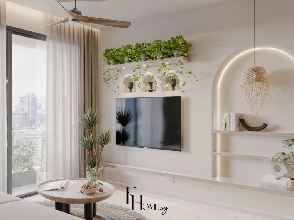 Kệ tivi phong cách Bohemian là điểm nhấn nghệ thuật trong không gian, hòa quyện giữa chất liệu tự nhiên, màu sắc ấm áp