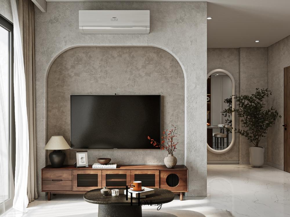 Kệ tivi phòng khách được bố trí trung tâm, cân đối với ghế sofa và các chi tiết trang trí xung quanh