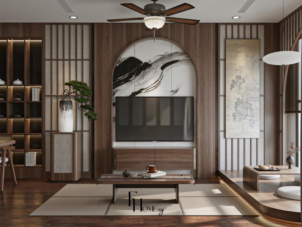 Kệ tivi phòng khách hiện đại với đường nét gọn gàng, màu sắc trung tính và hệ thống tủ ẩn thông minh