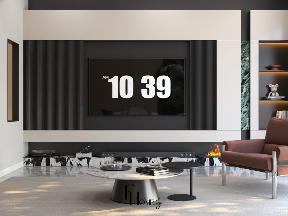 Kệ tivi phòng khách thiết kế thanh thoát với đường nét hiện đại, tạo điểm nhấn tinh tế và giữ sự đồng bộ với phong cách nội thất