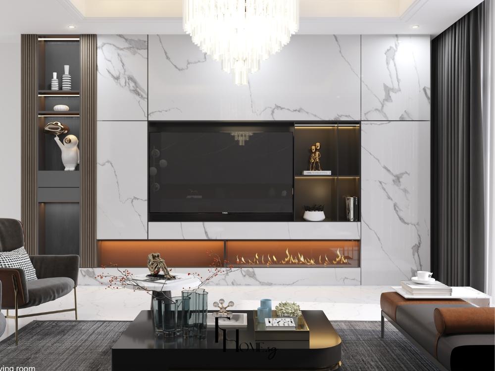 Kệ tivi phòng khách thiết kế tối giản, kết hợp vách kính và tông màu sáng, giúp không gian nhà phố 4x14m trở nên thoáng rộng