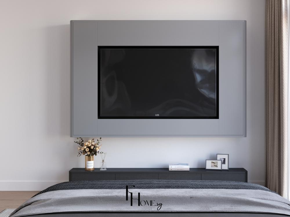 Kệ tivi phòng ngủ thiết kế tối giản với mảng tường ốp đá và kệ nổi kim loại